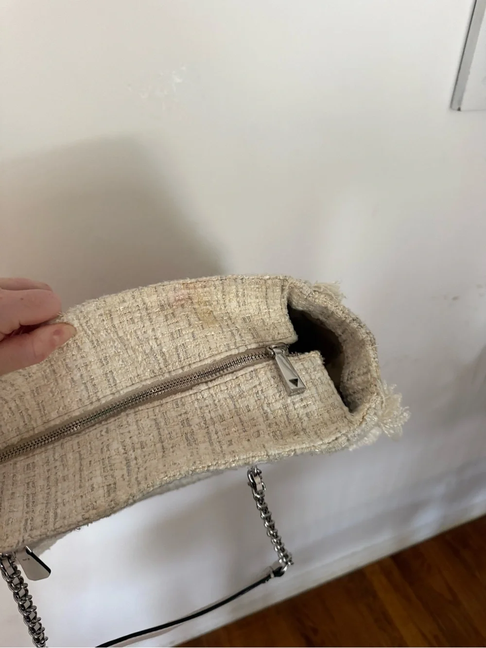 GUESS Cream Tweed Tote with Chain Handles